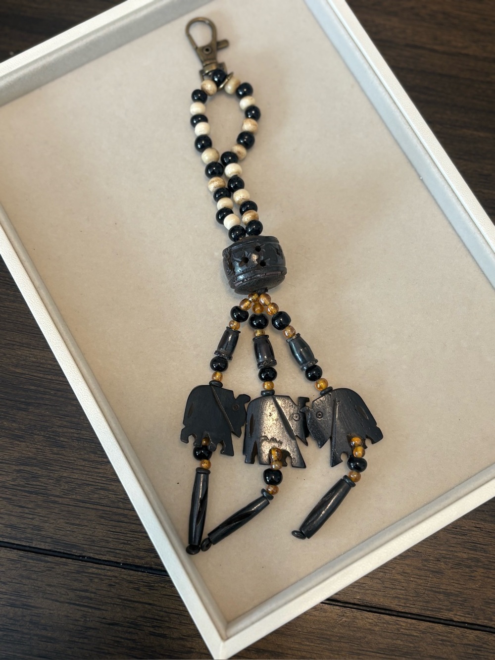 Black and Cream Elephant Bead Keychain Charm